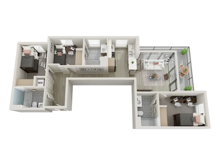 Three-bedroom apartments are fully furnished with a twin XL bed frame/mattress, desk, chair, and dresser drawers in each bedroom; the living room is furnished with barstools, a couch, coffee table, and TV stand. Furniture is also included for the outdoor patio. Shared bedrooms include a bunk bed and dual desks.
