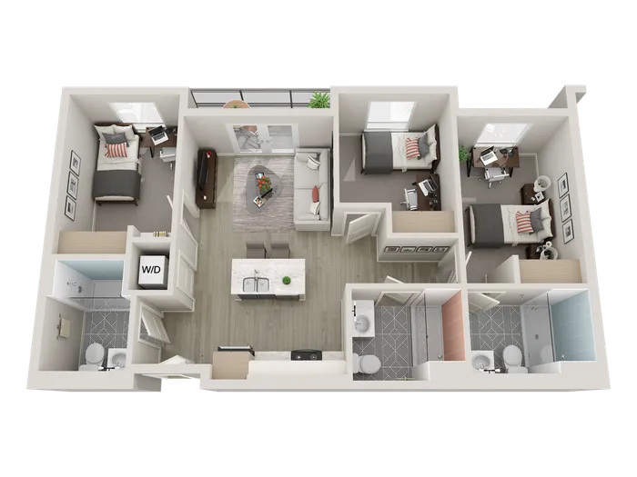 Three-bedroom apartments are fully furnished with a twin XL bed frame/mattress, desk, chair, and dresser drawers in each bedroom; the living room is furnished with barstools, a couch, coffee table, and TV stand. A table and two chairs are also included for the outdoor patio.