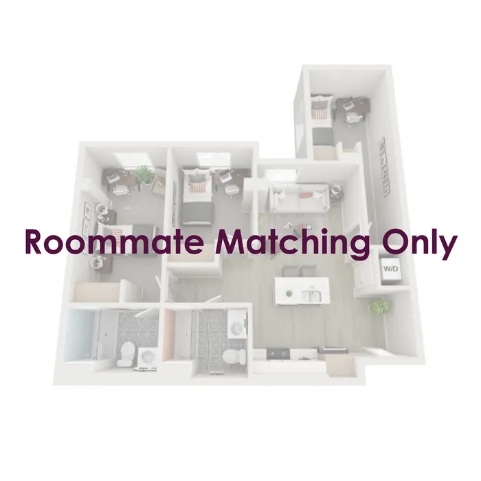Three-bedroom apartments are fully furnished with a twin XL bed frame/mattress, desk, chair, and dresser drawers in each bedroom; the living room is furnished with barstools, a couch, coffee table, and TV stand.