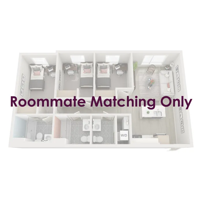 Three-bedroom apartments are fully furnished with a twin XL bed frame/mattress, desk, chair, and dresser drawers in each bedroom; the living room is furnished with barstools, a couch, coffee table, and TV stand.