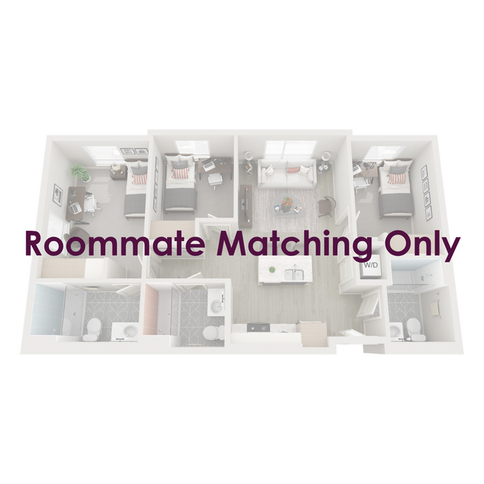 Three-bedroom apartments are fully furnished with a twin XL bed frame/mattress, desk, chair, and dresser drawers in each bedroom; the living room is furnished with barstools, a couch, coffee table, and TV stand.