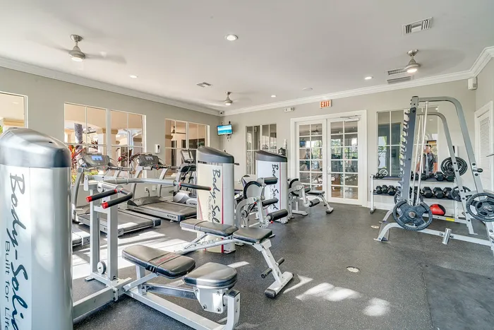 Bright and modern gym with state-of-the-art fitness equipment, large windows for natural light, and a welcoming atmosphere.