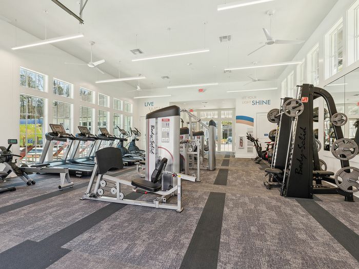 Modern fitness center with state-of-the-art equipment, including treadmills, weight machines, and large windows for natural light.