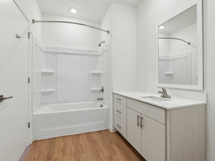 Elegant bathroom with a sleek modern design featuring a spacious vanity, large mirror, and inviting bathtub.