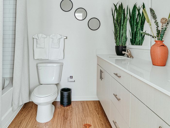 Modern bathroom with elegant wood flooring, bright white fixtures, and stylish decor including a chic planter and vibrant vase.