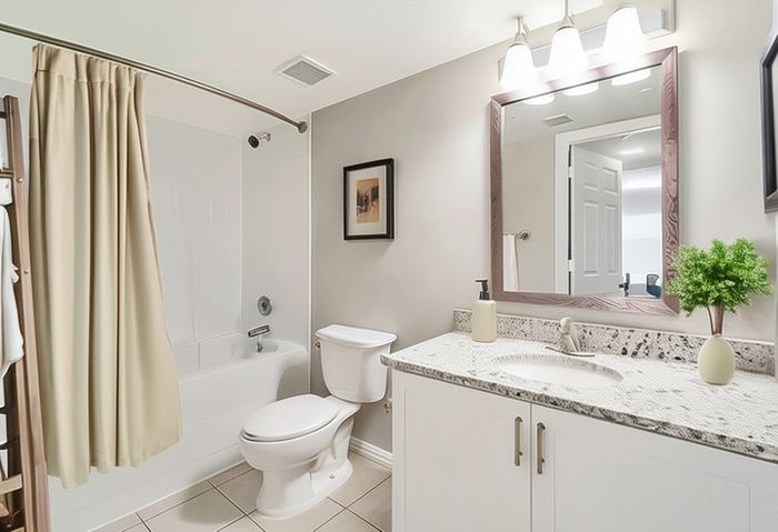 Chic bathroom design featuring a sleek vanity with granite countertop, elegant mirror, and a modern bathtub with shower curtain.