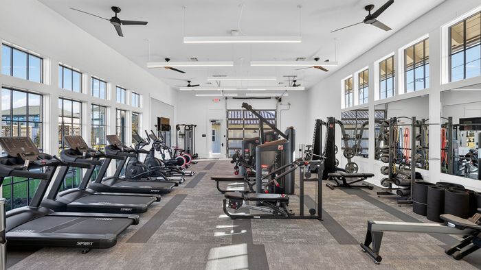 Bright and modern fitness center with state-of-the-art equipment, large windows, and stylish layout.