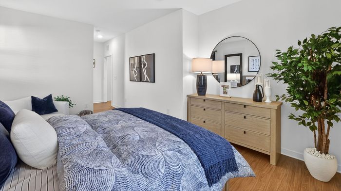 Inviting bedroom with modern decor, featuring a cozy bed with blue accents, stylish dresser, and lush indoor plant.