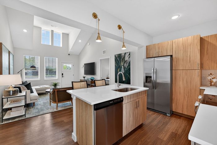 Chic open-plan living space with high ceilings, modern kitchen, and elegant furnishings, bathed in natural light.