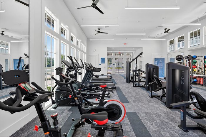 Bright and modern gym with state-of-the-art treadmills, exercise bikes, and fitness equipment in a spacious environment with large windows.