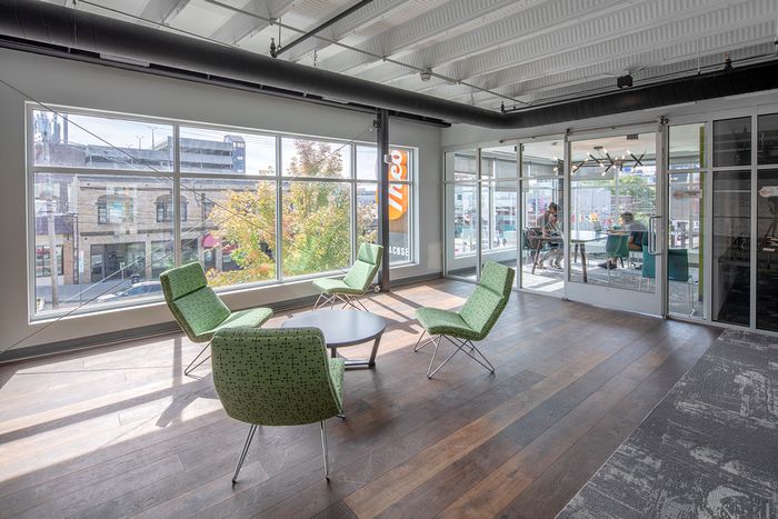 Spacious patio off of clubhouse at Theory Syracuse | Apartments near 'Cuse