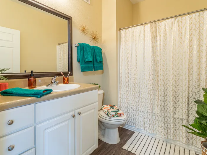 Bathroom with vanity mirror and cabinetry | Shower and tub visible | Hawks Landing | Apartments in Tampa, FL