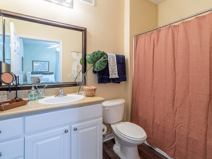 Bathroom with vanity mirror and cabinetry | Shower and tub visible | Hawks Landing | Apartments in Tampa, FL
