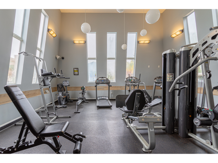 Vibrantly colored gym full of equipment | Hawks Landing Apartments in Tampa, FL