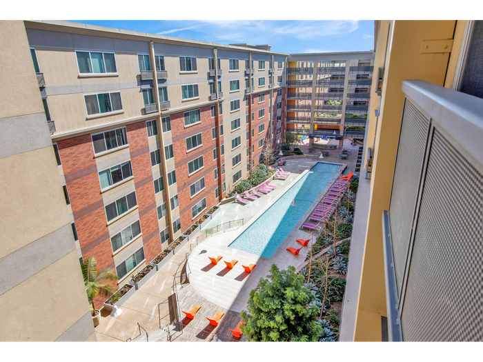 Birdseye view of pool and sun deck  | University Gateway Apartments in Los Angeles, CA.