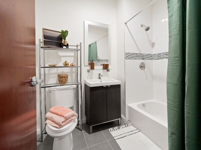 Modern bathroom at The Printing House | Binghamton Apartments