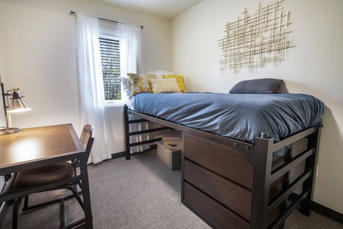Raised bed, storage, and desk at Tech Village | Student Apartments Appleton