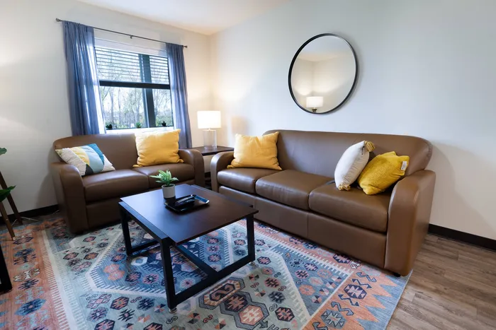 Living room in student apartment at Tech Village.