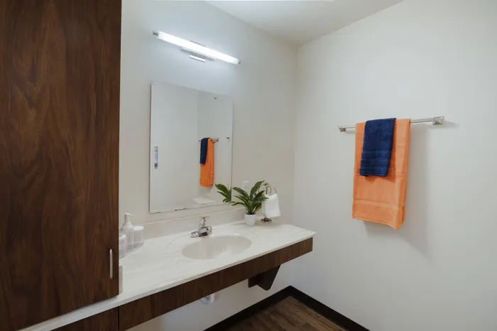 Bathroom vanity  in student apartment at Tech Village.