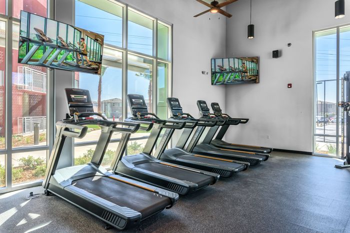 Treadmills in fitness center  at Merced Station apartments.