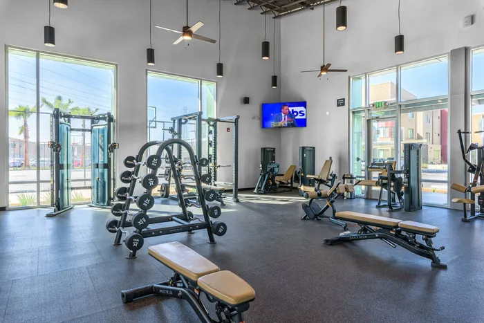 Completely stocked fitness center at Merced Station - Merced, CA apartments.