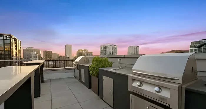 Luxurious rooftop terrace with sleek outdoor grill and stunning sunset city views, offering the perfect urban living experience.