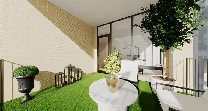 Charming apartment patio with lush greenery, elegant potted plants, and stylish outdoor seating, perfect for relaxation.