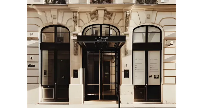 Elegant entrance of Chateau Nolle featuring stylish glass doors and ornate architectural details.