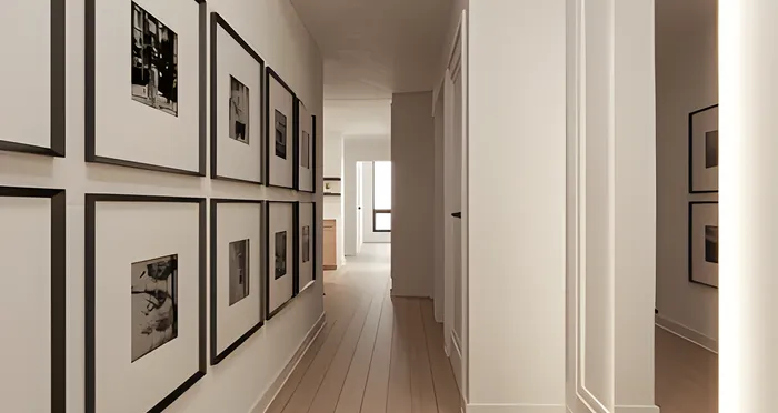 Sleek modern hallway with stylish framed artwork leading to a bright, inviting space.