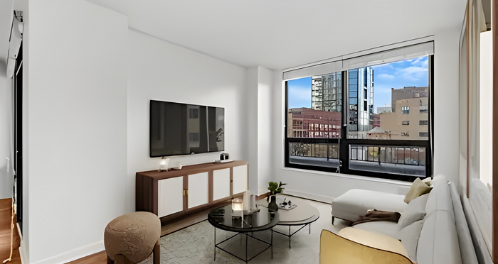 Chic urban living room with modern decor, large window showcasing a vibrant cityscape, and a sleek wall-mounted TV.