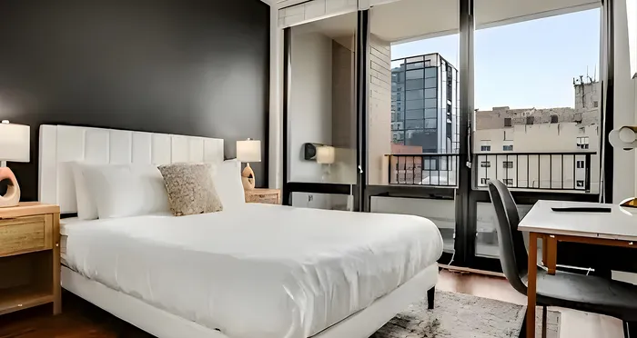 Modern bedroom with elegant white bed, stylish decor, and large windows showcasing urban views.