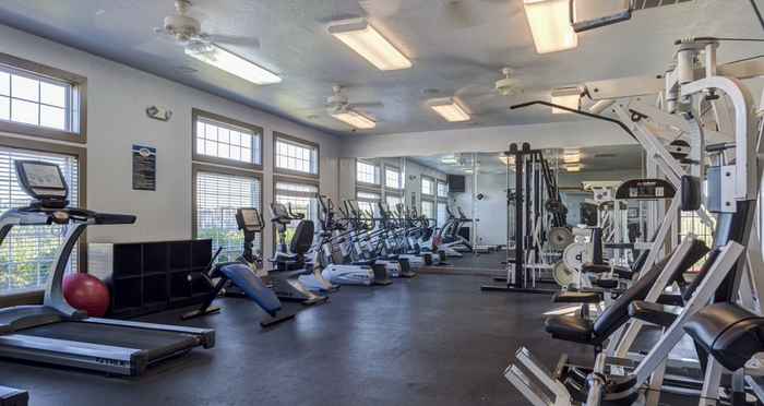 Bright and spacious gym equipped with modern exercise machines, offering a perfect fitness environment.