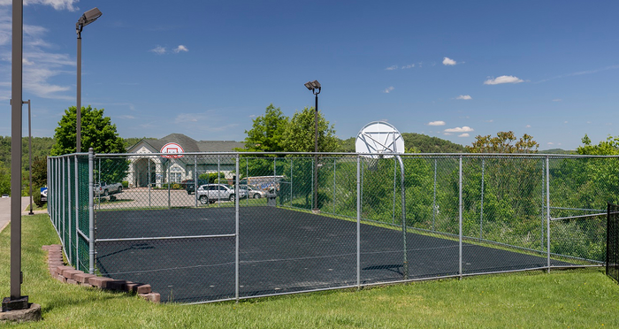 Inviting outdoor basketball court with lush greenery, perfect for recreation and relaxation in a serene residential area.