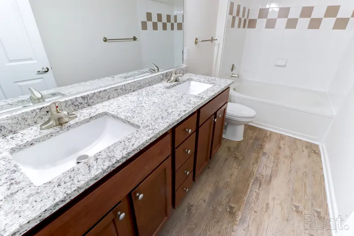 Modern bathroom with granite double vanity, wooden cabinetry, and a classic tub with elegant tiling.