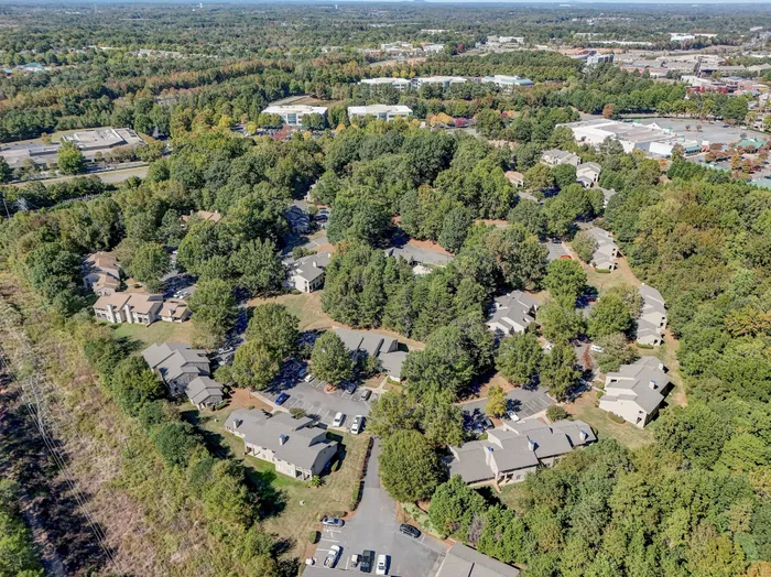 Aerial view of a lush, serene residential community surrounded by trees, offering a peaceful and private living environment.
