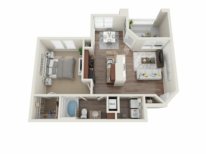 Inviting 3D floor plan showcasing a cozy 1-bedroom apartment with an open-concept living room, modern kitchen, and elegant balcony, perfect for relaxing evenings at home.
