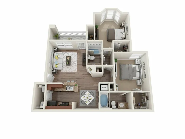 Modern 3D floor plan showcasing a well-designed apartment with 2 bedrooms, 2 bathrooms, a spacious living room, and a cozy kitchen. Includes a balcony for outdoor relaxation.