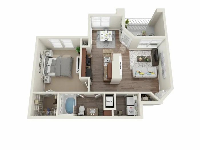 Inviting 3D floor plan showcasing a modern one-bedroom apartment with open kitchen, cozy living area, and private balcony with seating.