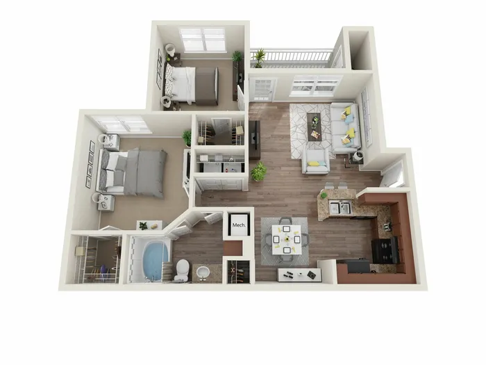 Charming 3D floor plan showcasing 2 bedrooms, a modern kitchen with a breakfast bar, cozy living room, and a sleek bathroom in an open-concept layout.