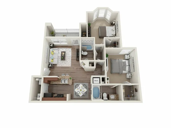 Elegant 3D floor plan showcasing 2 bedrooms, a cozy living room, modern kitchen, and a charming balcony view.