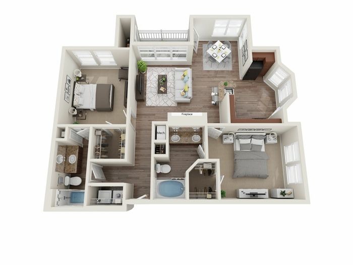 Modern 3D floor plan showcasing 2 bedrooms, a cozy living area with fireplace, stylish kitchen, and dining nook. Includes two bathrooms and ample closet space.
