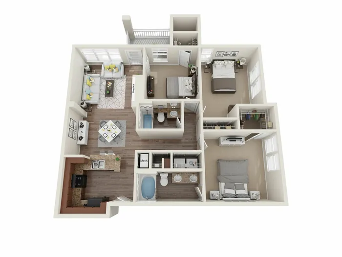 Modern 3D apartment layout showcasing 2 bedrooms, 2 bathrooms, open kitchen, and cozy living area with balcony.