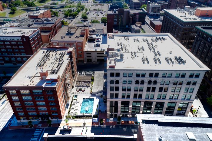 Aerial View of Roaster's Block Apartments The Boss and Swafford Buildings