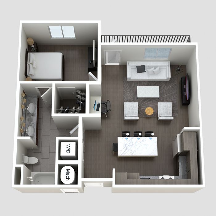 One-bedroom floor plan with built-in desk at The Lofts at City Center - 777 sq ft