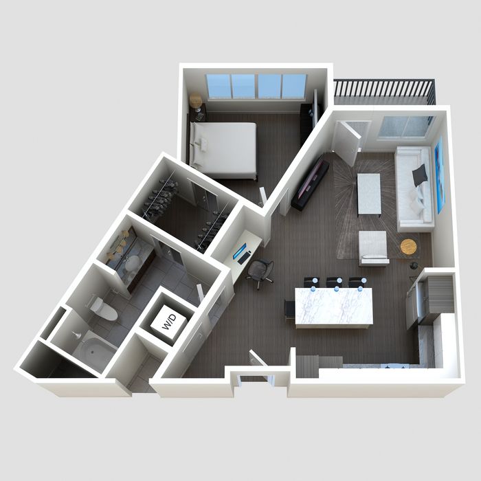 One-bedroom floor plan with built-in desk at The Lofts at City Center - 761 sq ft