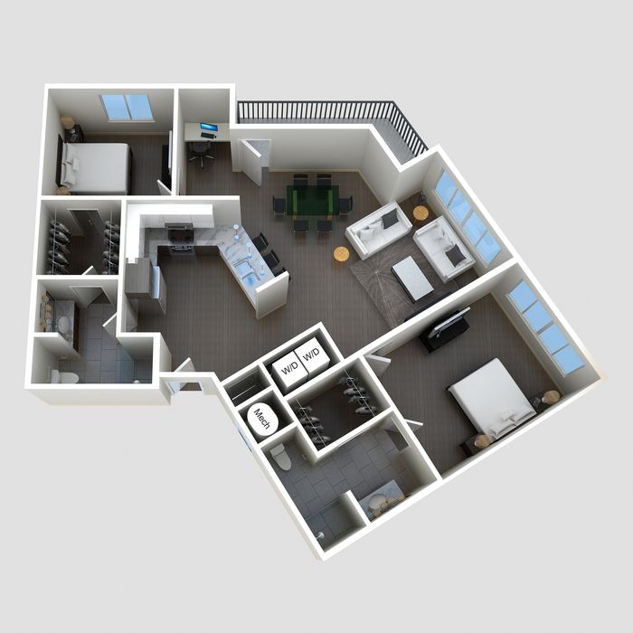 The Cityscape two-bedroom apartment layout at The Lofts at City Center - 1,272 sq ft