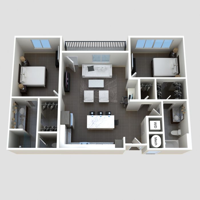 The Mural two-bedroom apartment layout at The Lofts at City Center - 1,103 sq ft