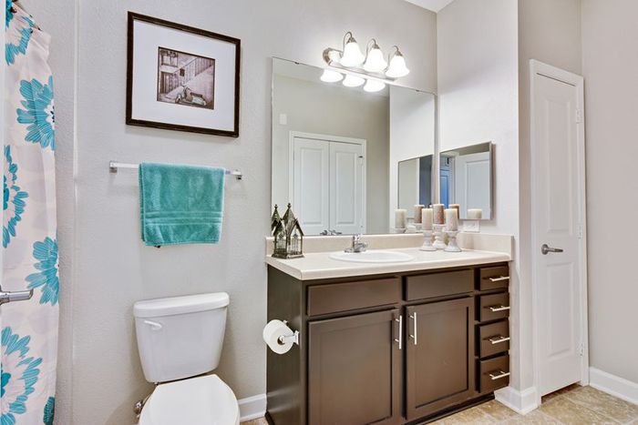 Elegant bathroom featuring modern vanity with ample storage, bright lighting, and stylish decor in a serene setting.