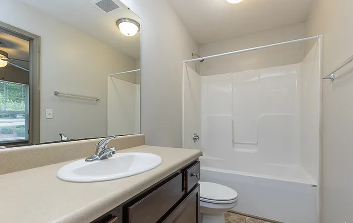 Brightly lit bathroom featuring a sleek vanity with modern fixtures, a spacious mirror, and an inviting bathtub with contemporary design.