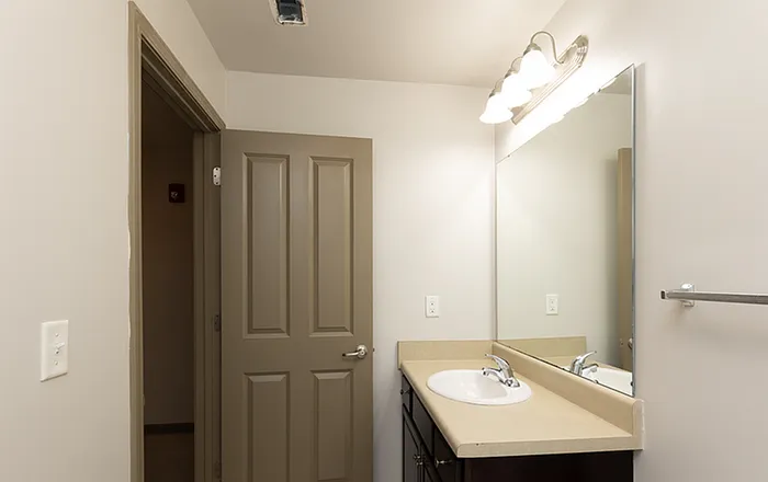 Modern bathroom with sleek countertop, large mirror, elegant lighting, and neutral color palette.
